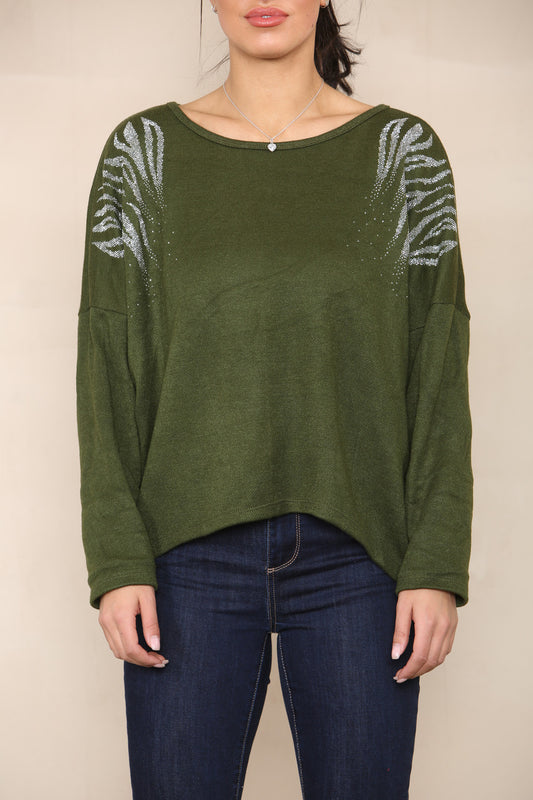 DIAMANTES SHOULDER DETAIL KNIT JUMPER KHAKI