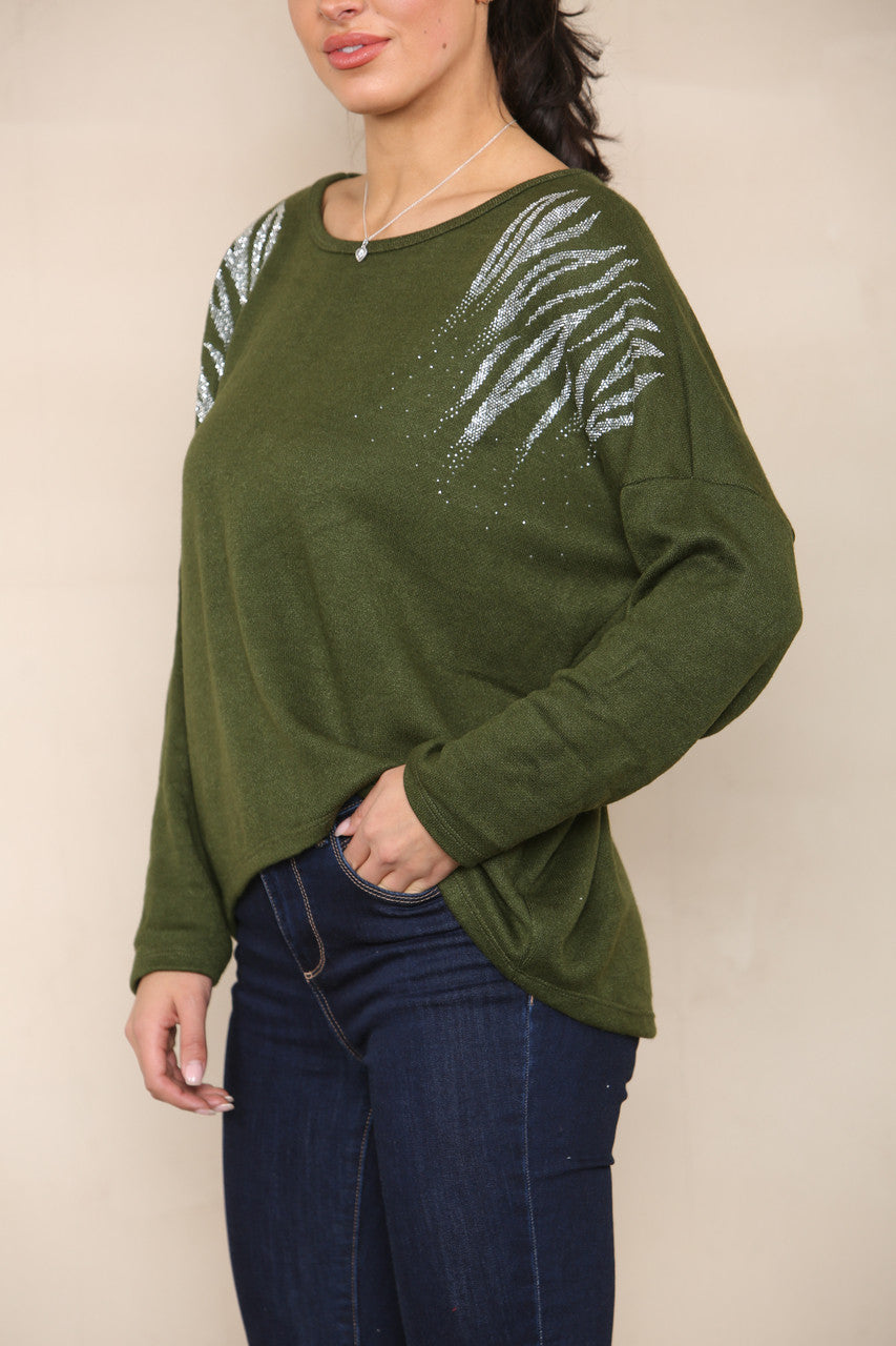 DIAMANTES SHOULDER DETAIL KNIT JUMPER KHAKI