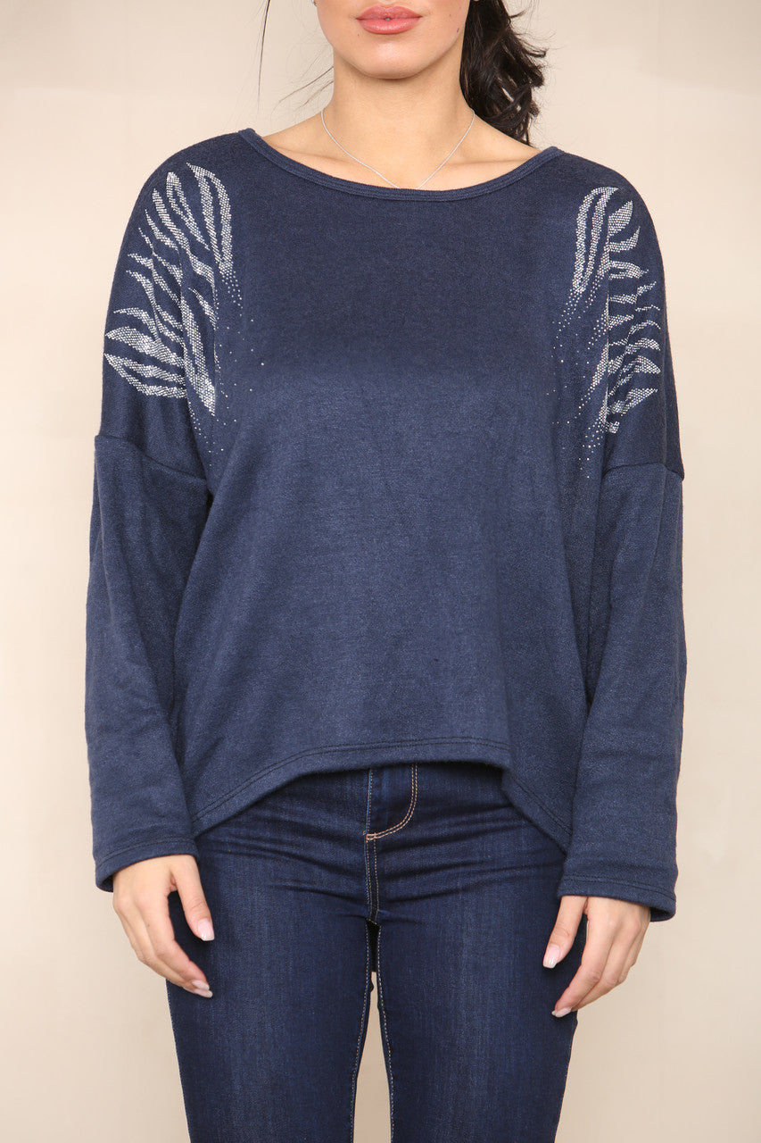 DIAMANTES SHOULDER DETAIL KNIT JUMPER NAVY