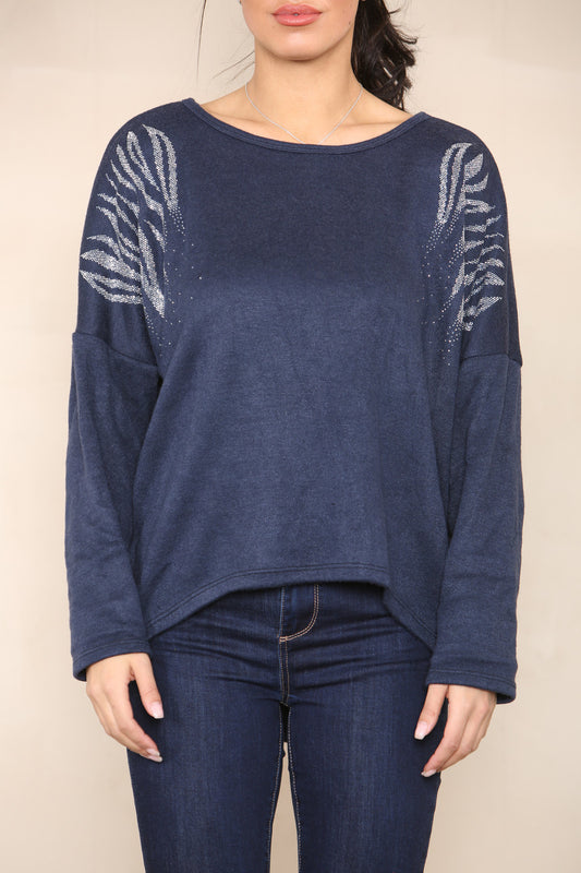 DIAMANTES SHOULDER DETAIL KNIT JUMPER NAVY