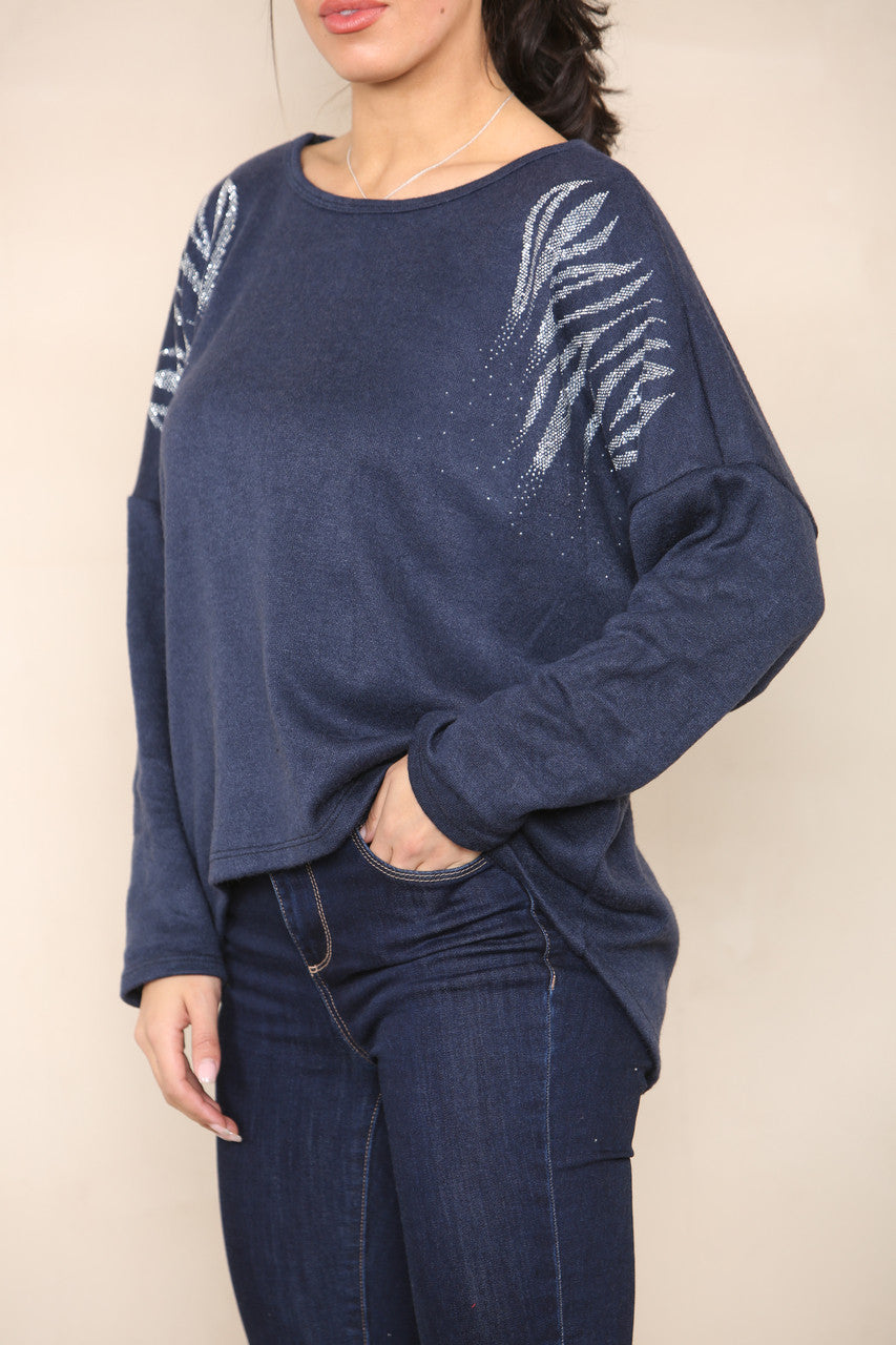 DIAMANTES SHOULDER DETAIL KNIT JUMPER NAVY