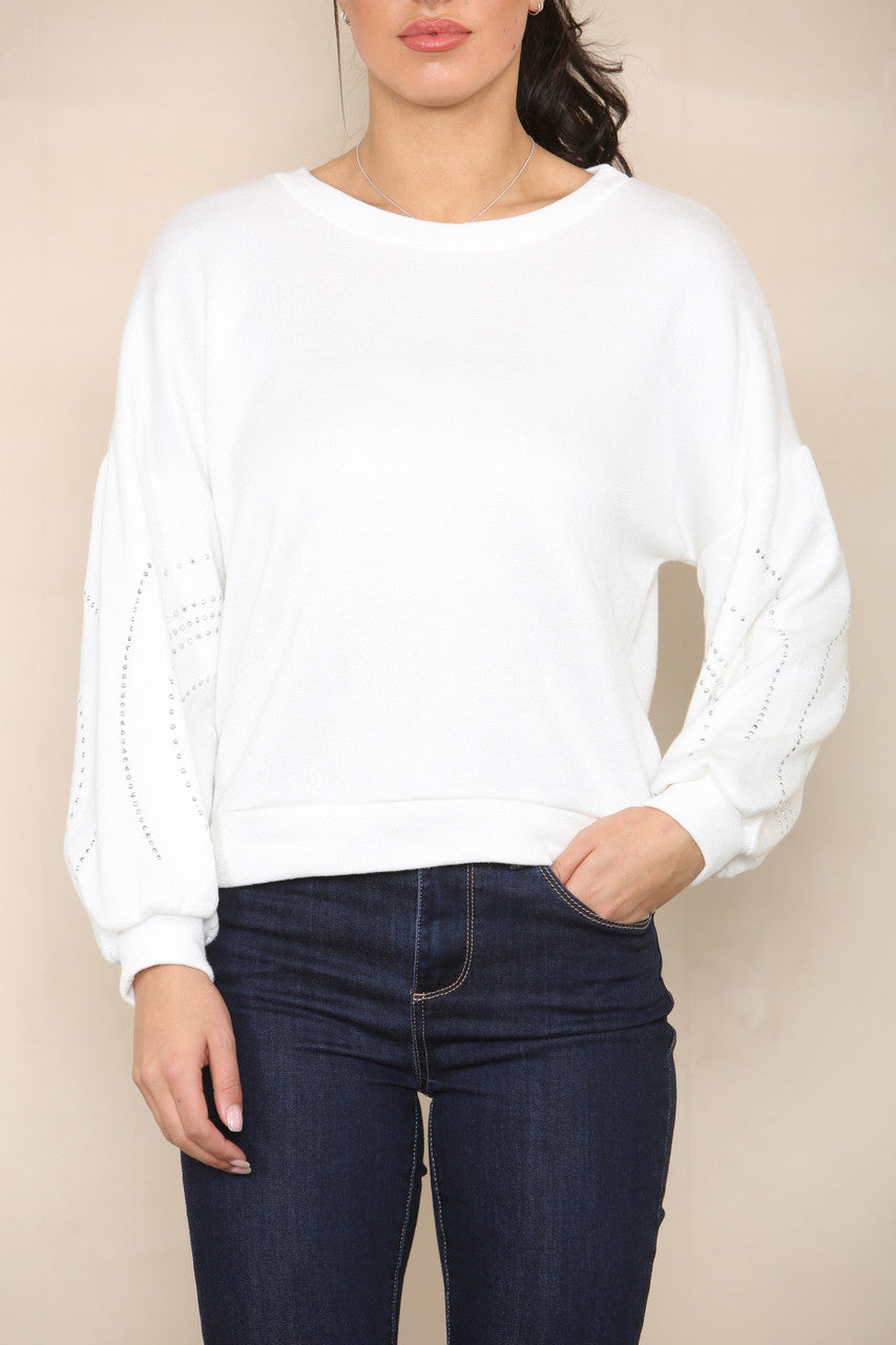DIAMANTE SLEEVE DETAIL KNIT JUMPER WHITE