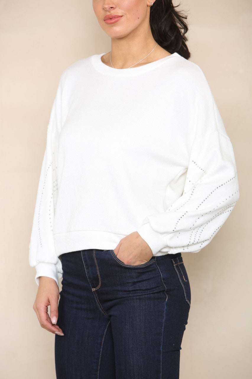 DIAMANTE SLEEVE DETAIL KNIT JUMPER WHITE