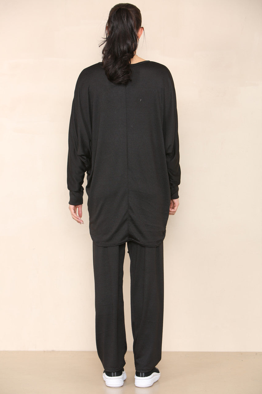MARL TOP AND TROUSERS SET BLACK