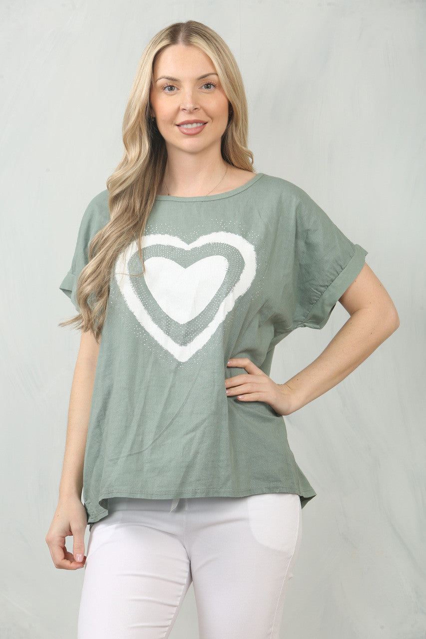 DOUBLE HEART GRAPHIC LINEN MIX TOP - KHAKI