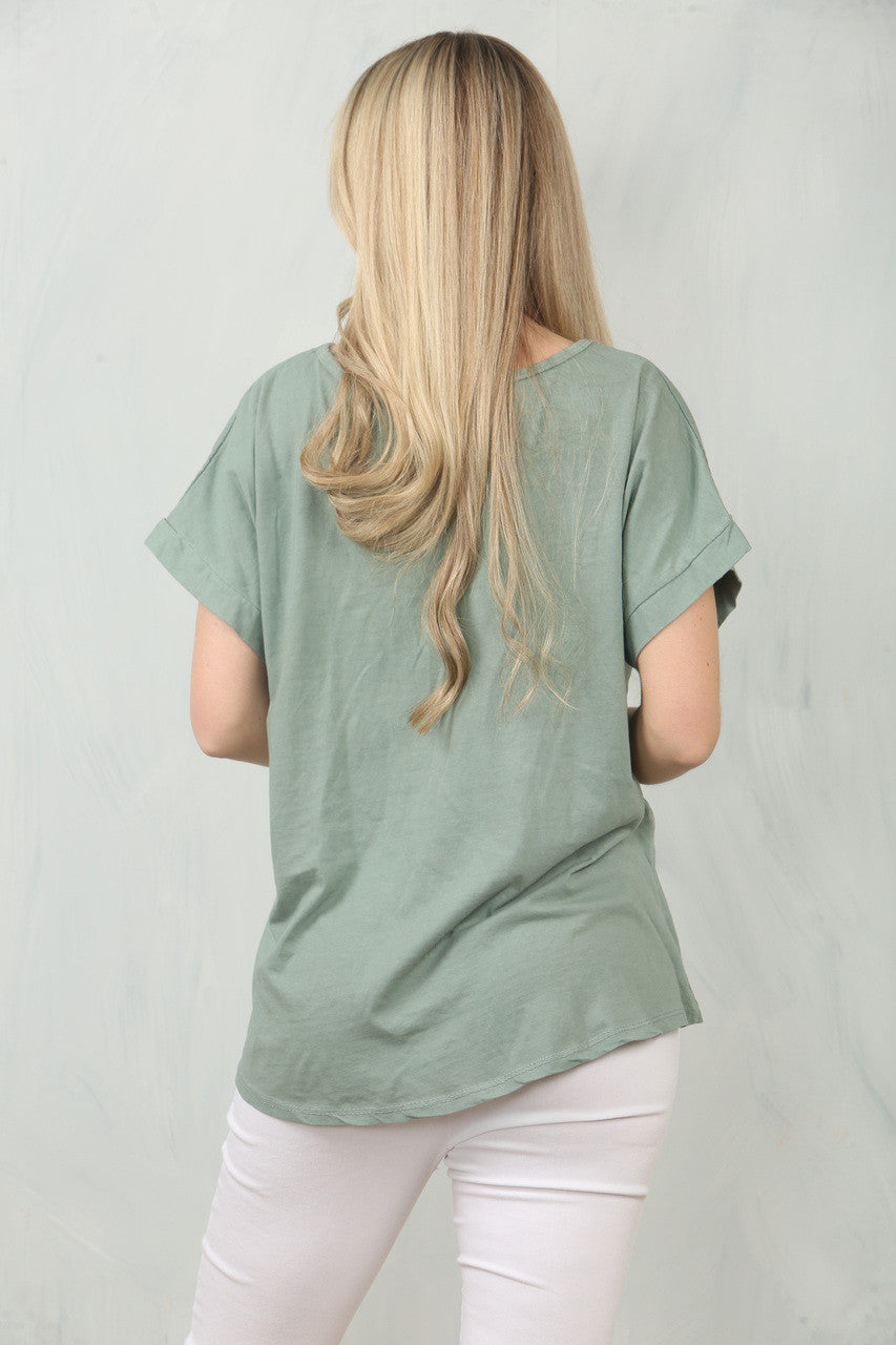 DOUBLE HEART GRAPHIC LINEN MIX TOP - KHAKI