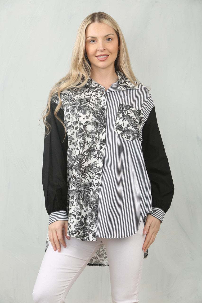 BLADSTREEP SHIRT TOP MET CONTRASTPANEEL - ZWART