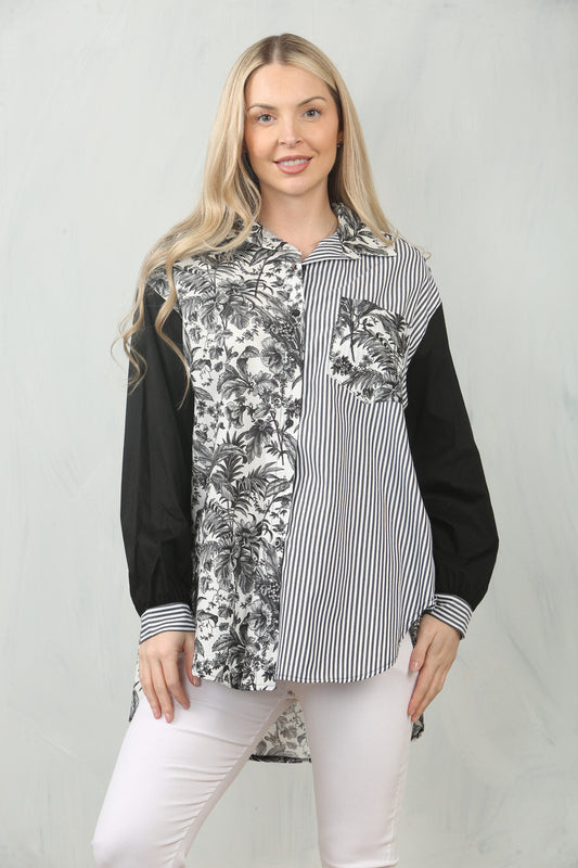 LEAF STRIPE CONTRAST PANEL SHIRT TOP - BLACK