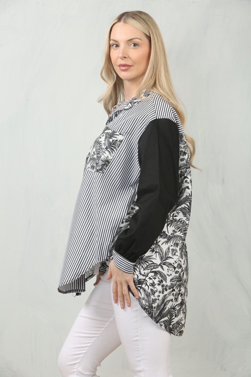 BLADSTREEP SHIRT TOP MET CONTRASTPANEEL - ZWART