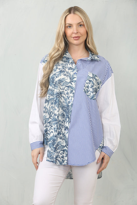 LEAF STRIPE CONTRAST PANEL SHIRT TOP - BLUE