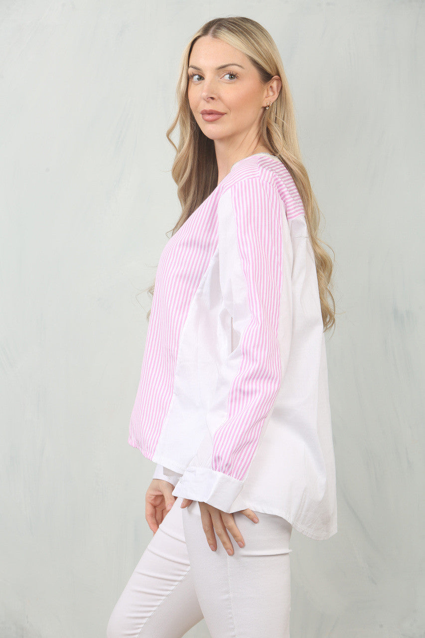 BLOUSE MET BLADPRINT EN CONTRASTEREND PANEEL - ROZE