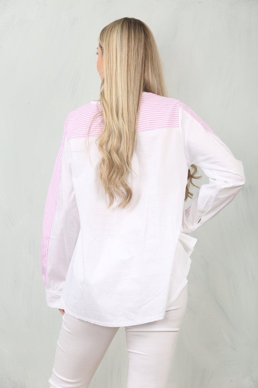 BLOUSE MET BLADPRINT EN CONTRASTEREND PANEEL - ROZE