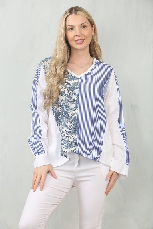 LEAF STRIPE CONTRAST PANEL BLOUSE TOP - BLUE