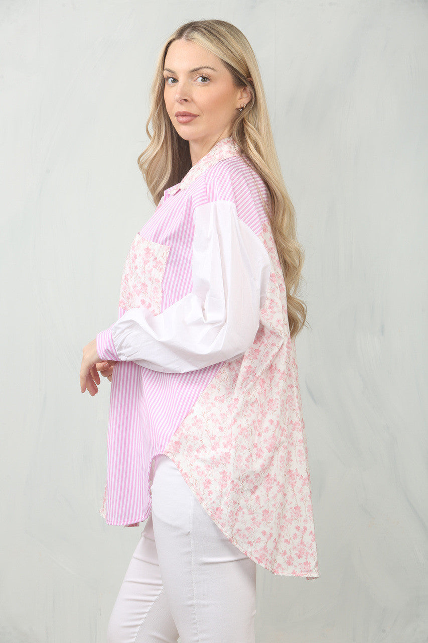 OVERHEMD MET BLOEMENSTREEP EN CONTRASTEREND PANEEL - ROZE