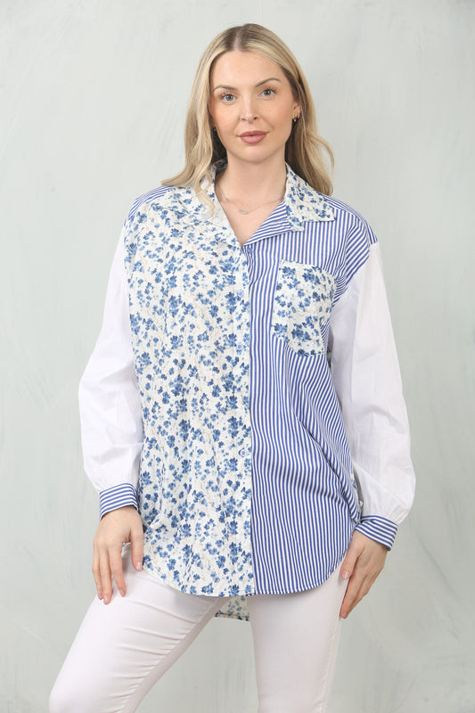 FLORAL STRIPE CONTRAST PANEL SHIRT TOP - BLUE