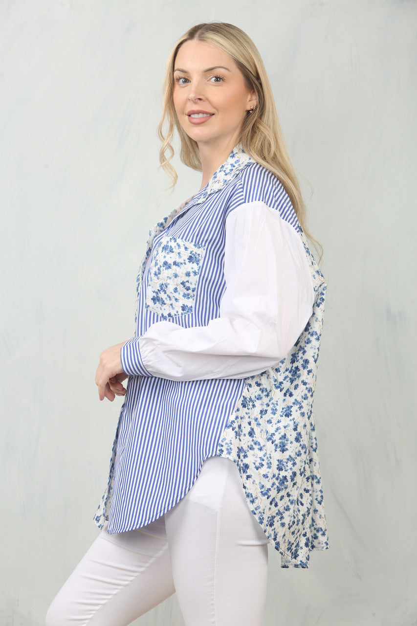 OVERHEMD MET BLOEMENSTREEP EN CONTRASTEREND PANEEL - BLAUW