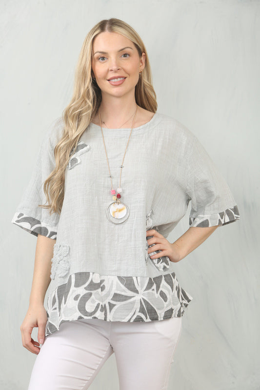 FLORAL PRINT PATCHWORK TOP - SILVER