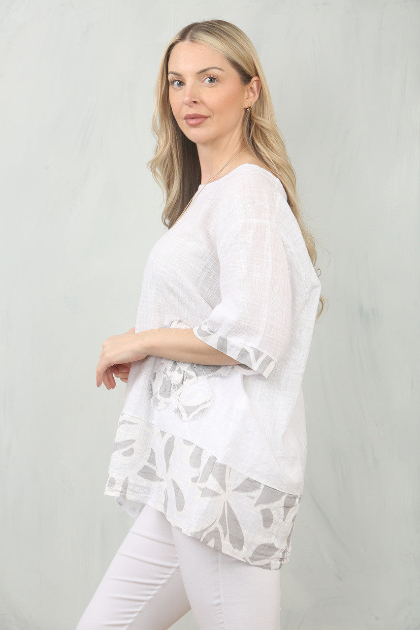 TOP MET BLOEMENPRINT EN PATCHWORK - WIT