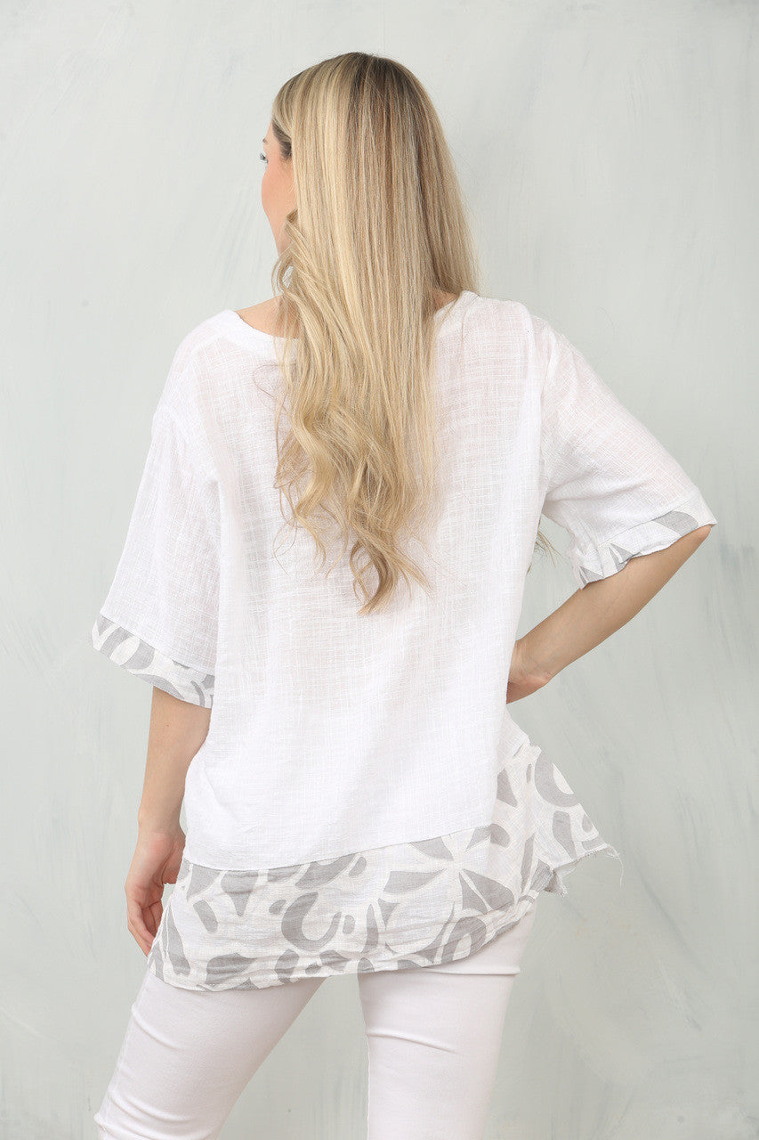 TOP MET BLOEMENPRINT EN PATCHWORK - WIT