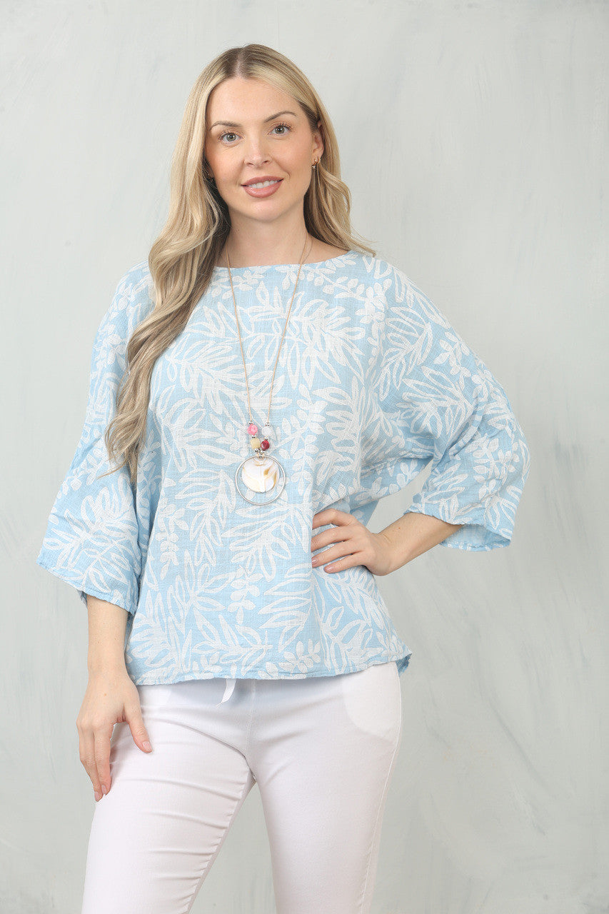TOP MET BLADPRINT - LICHTBLAUW