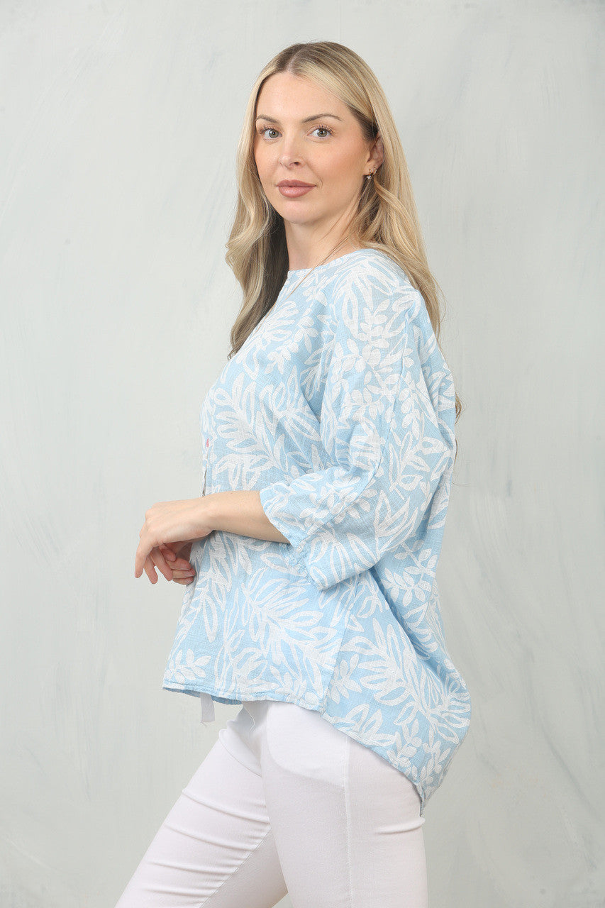 TOP MET BLADPRINT - LICHTBLAUW