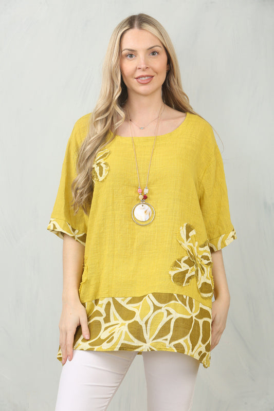 FLORAL PRINT PATCHWORK TOP - MUSTARD