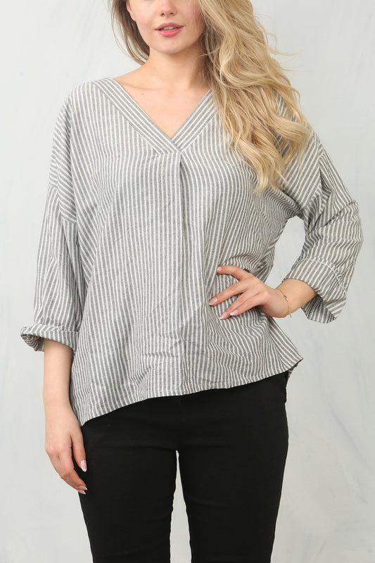 PINSTRIPE V-NECK BLOUSE TOP - CHARCOAL