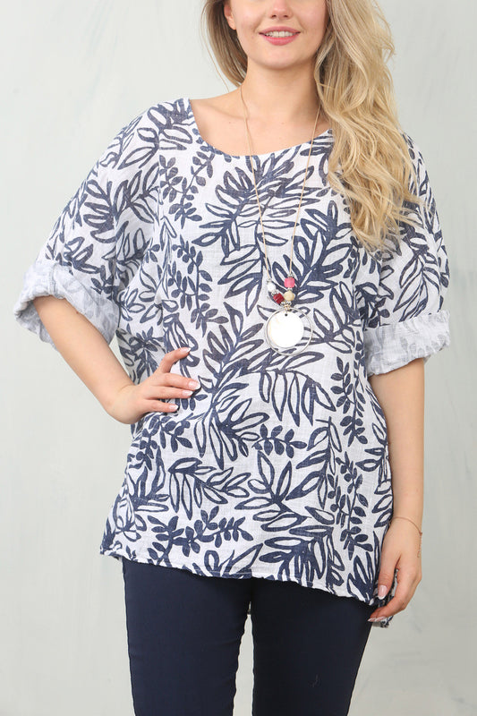 LEAVES PRINTED TOP - WHITE/NAVY