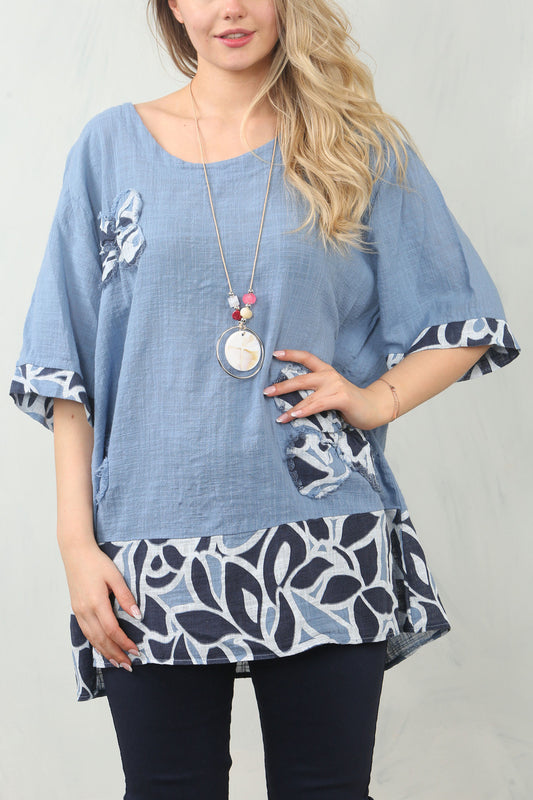 FLORAL PRINT PATCHWORK TOP - DENIM