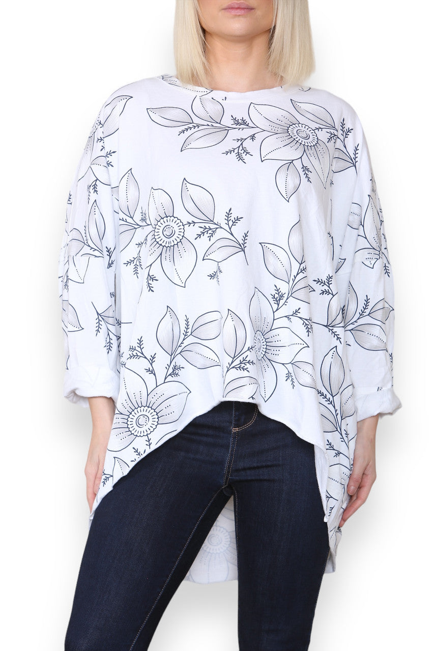 FLORAL OUTLINE PRINT COTTON SWEATSHIRT TOP WHITE