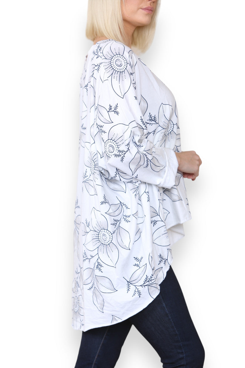 FLORAL OUTLINE PRINT COTTON SWEATSHIRT TOP WHITE