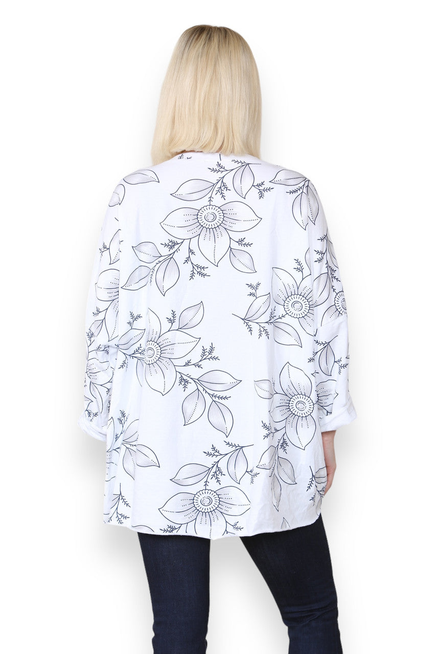 FLORAL OUTLINE PRINT COTTON SWEATSHIRT TOP WHITE