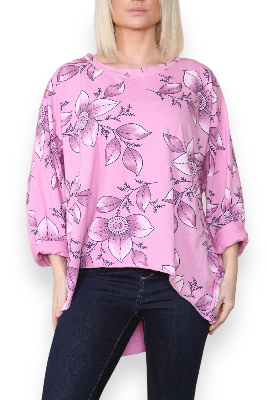 FLORAL OUTLINE PRINT COTTON SWEATSHIRT TOP PINK