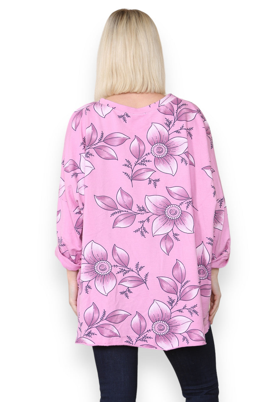 FLORAL OUTLINE PRINT COTTON SWEATSHIRT TOP PINK
