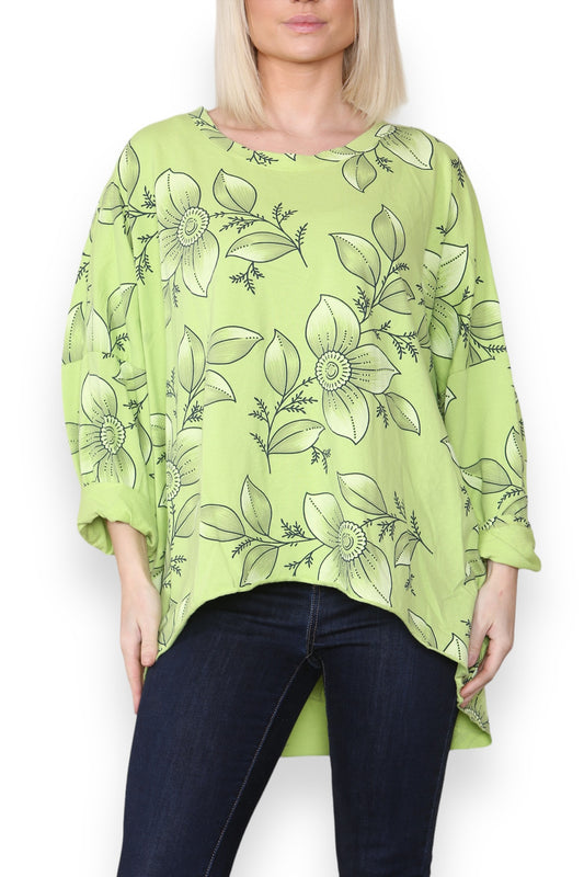 FLORAL OUTLINE PRINT COTTON SWEATSHIRT TOP LIME