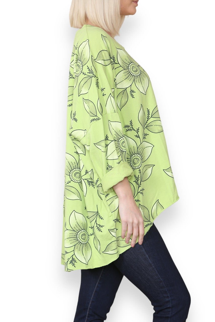 FLORAL OUTLINE PRINT COTTON SWEATSHIRT TOP LIME