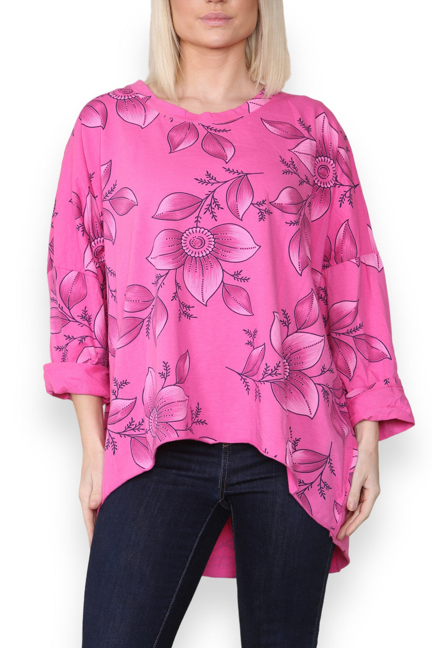 FLORAL OUTLINE PRINT COTTON SWEATSHIRT TOP CERISE
