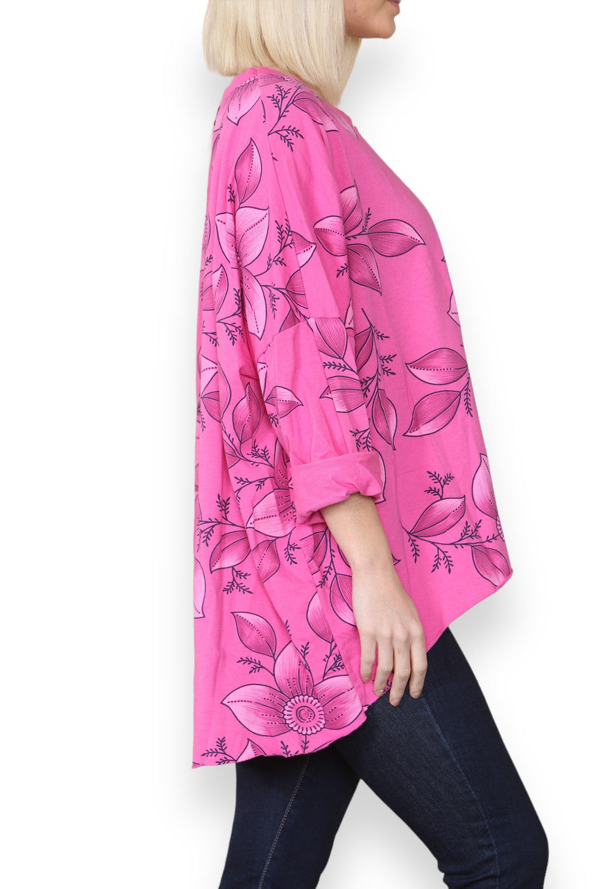 FLORAL OUTLINE PRINT COTTON SWEATSHIRT TOP CERISE