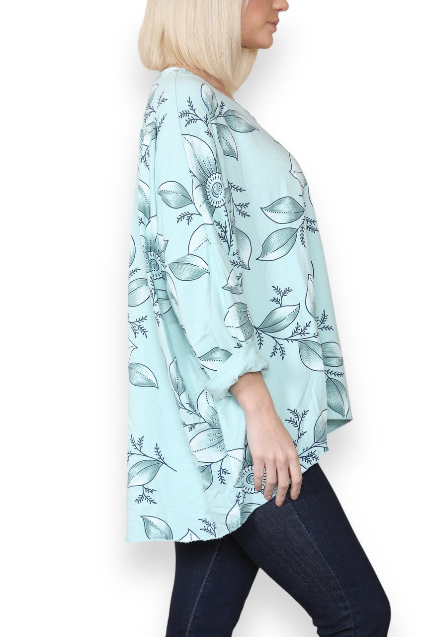 FLORAL OUTLINE PRINT COTTON SWEATSHIRT TOP LIGHT BLUE