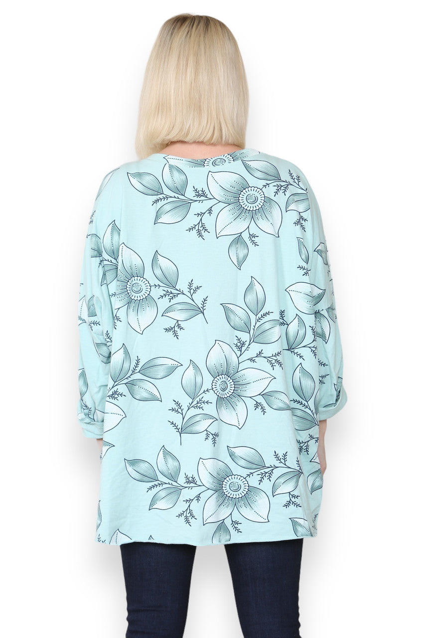 FLORAL OUTLINE PRINT COTTON SWEATSHIRT TOP LIGHT BLUE