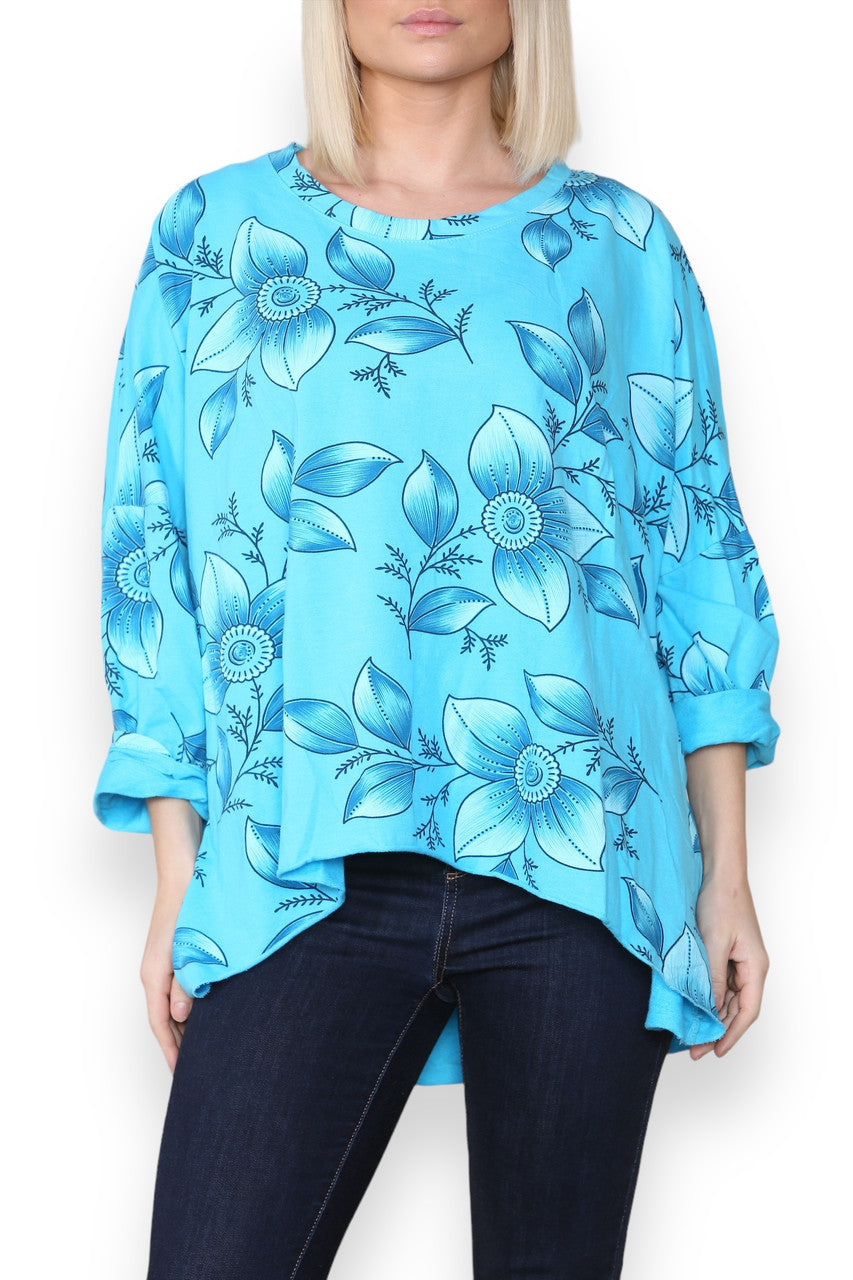 FLORAL OUTLINE PRINT COTTON SWEATSHIRT TOP TURQUOISE