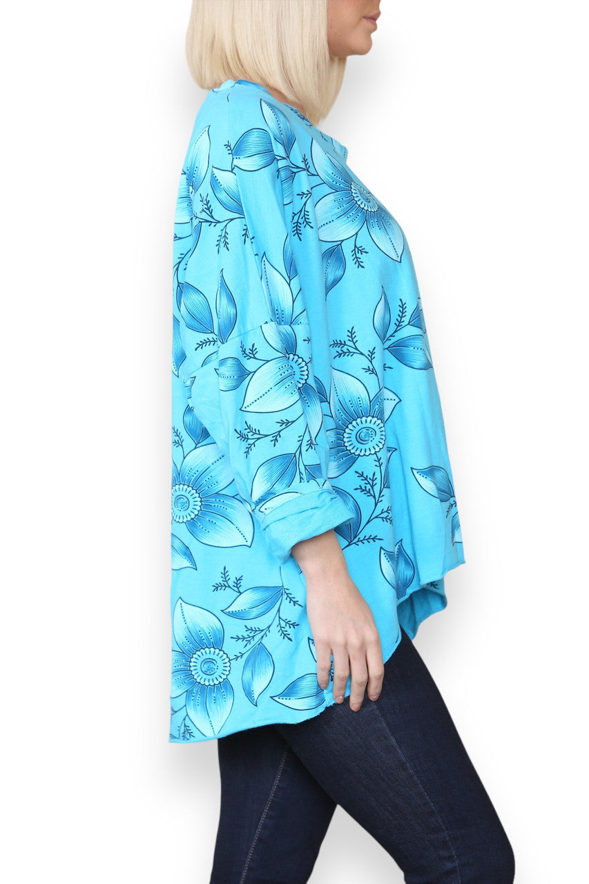 FLORAL OUTLINE PRINT COTTON SWEATSHIRT TOP TURQUOISE