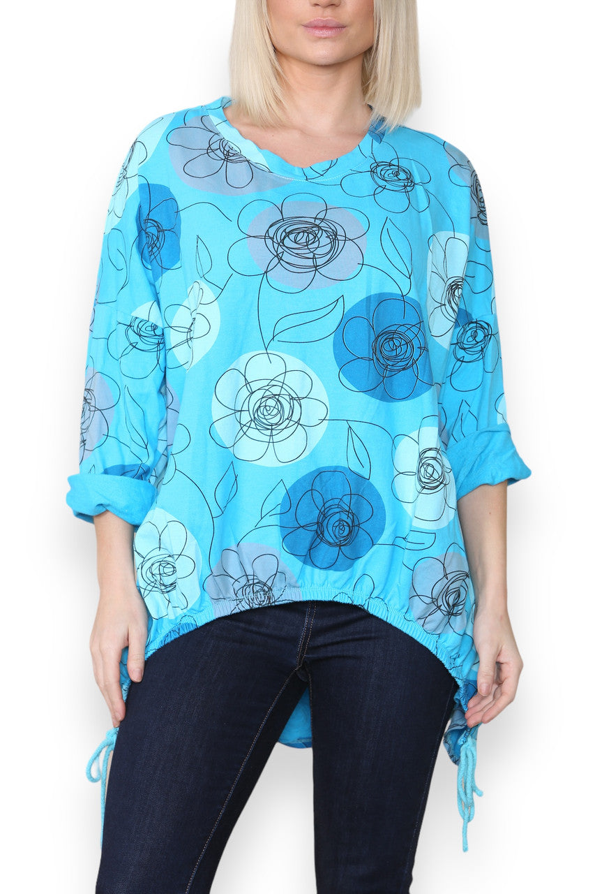 FLOWER SKETCH PRINT COTTON SWEATSHIRT TOP TURQUOISE