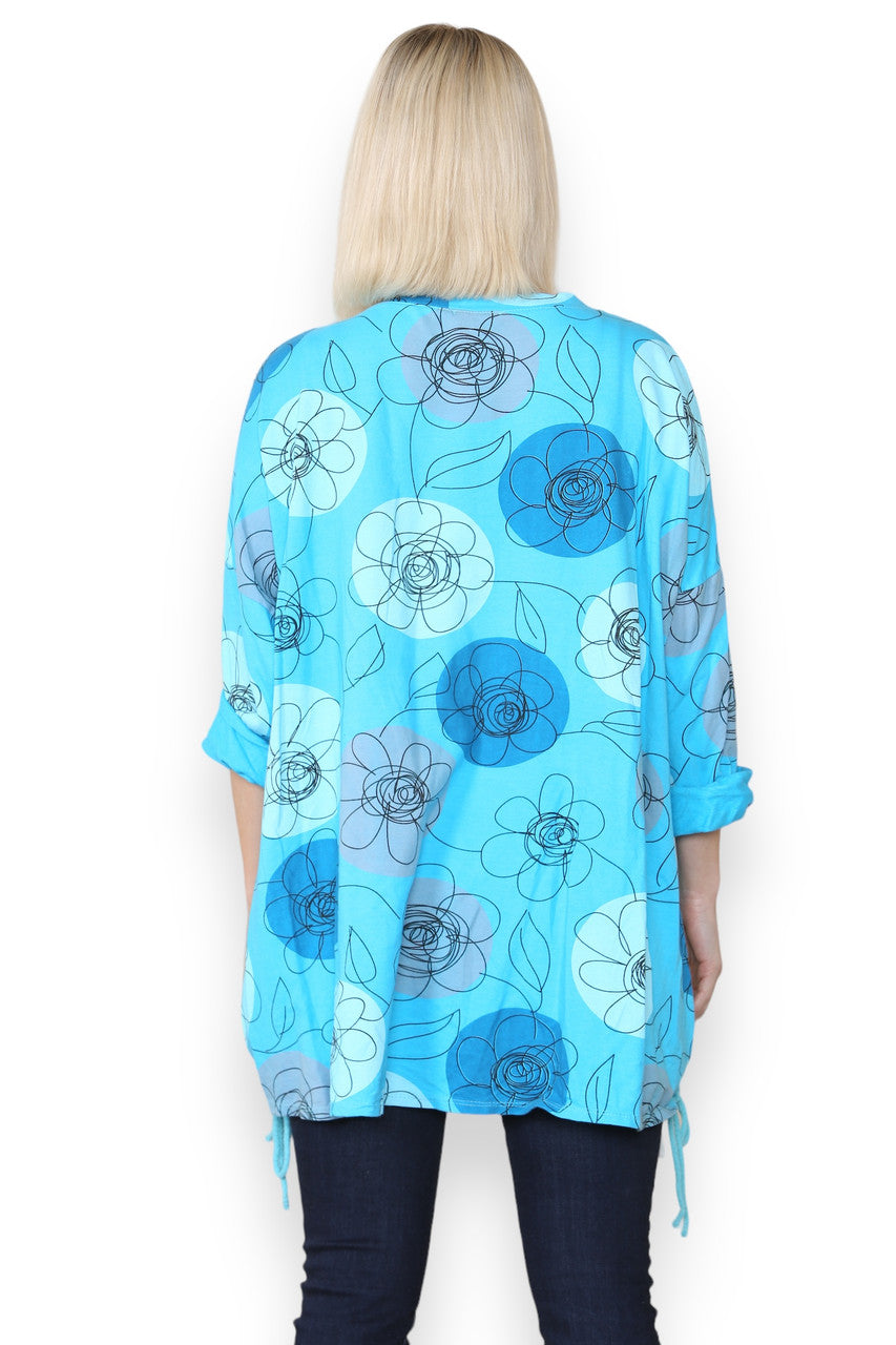 FLOWER SKETCH PRINT COTTON SWEATSHIRT TOP TURQUOISE