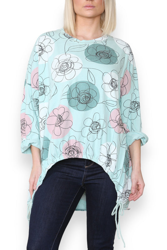 FLOWER SKETCH PRINT COTTON SWEATSHIRT TOP MINT