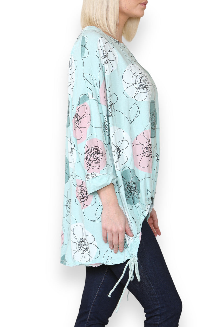SWEATER VAN KATOEN MET BLOEMENSKETCHPRINT MINT
