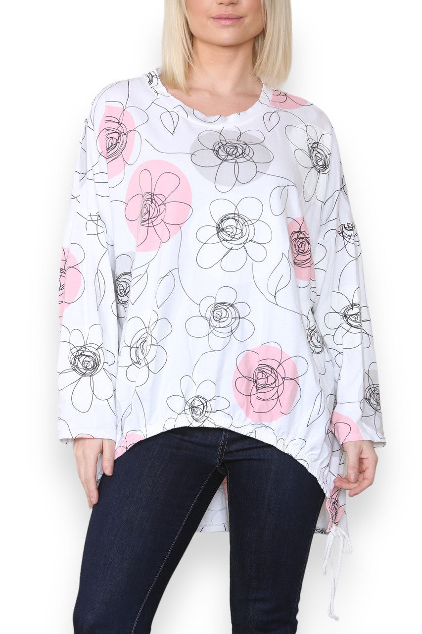 FLOWER SKETCH PRINT COTTON SWEATSHIRT TOP WHITE