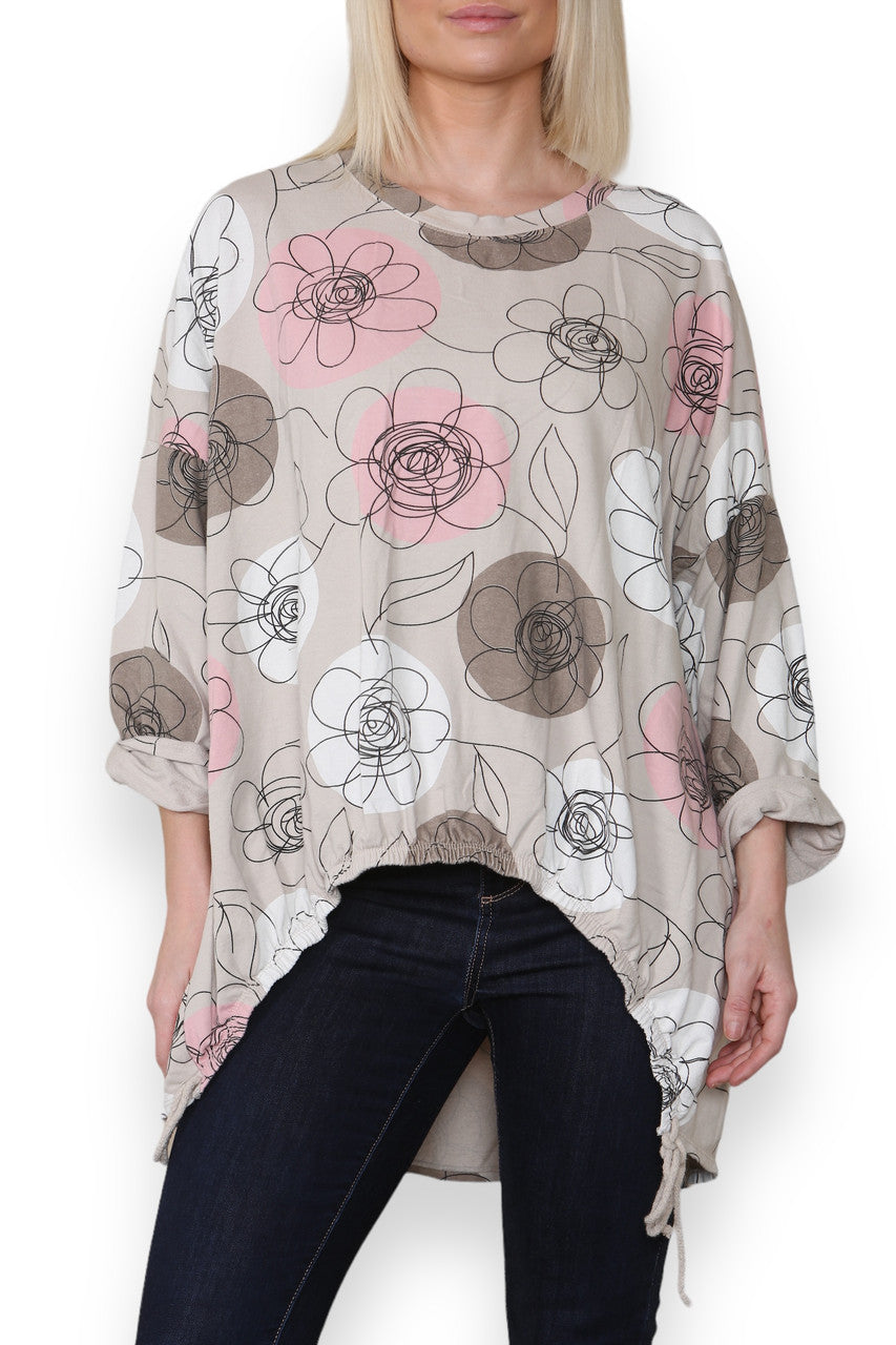 FLOWER SKETCH PRINT COTTON SWEATSHIRT TOP STONE