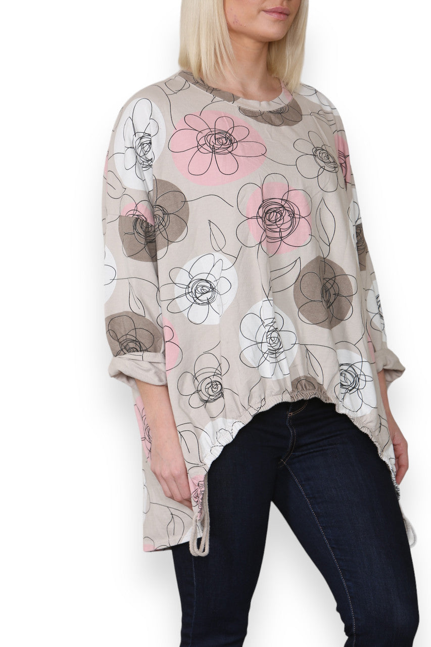 FLOWER SKETCH PRINT COTTON SWEATSHIRT TOP STONE