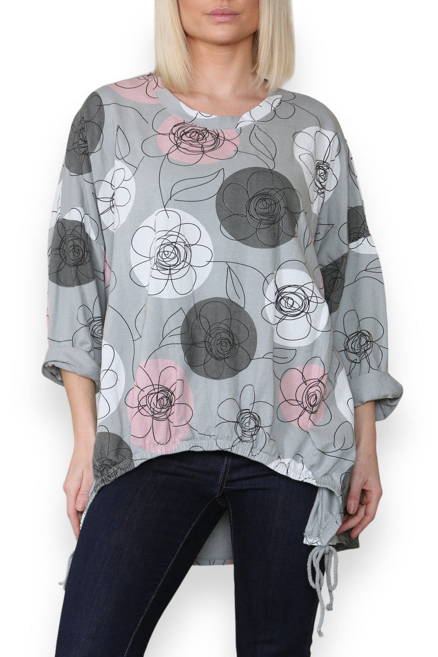 FLOWER SKETCH PRINT COTTON SWEATSHIRT TOP KHAKI